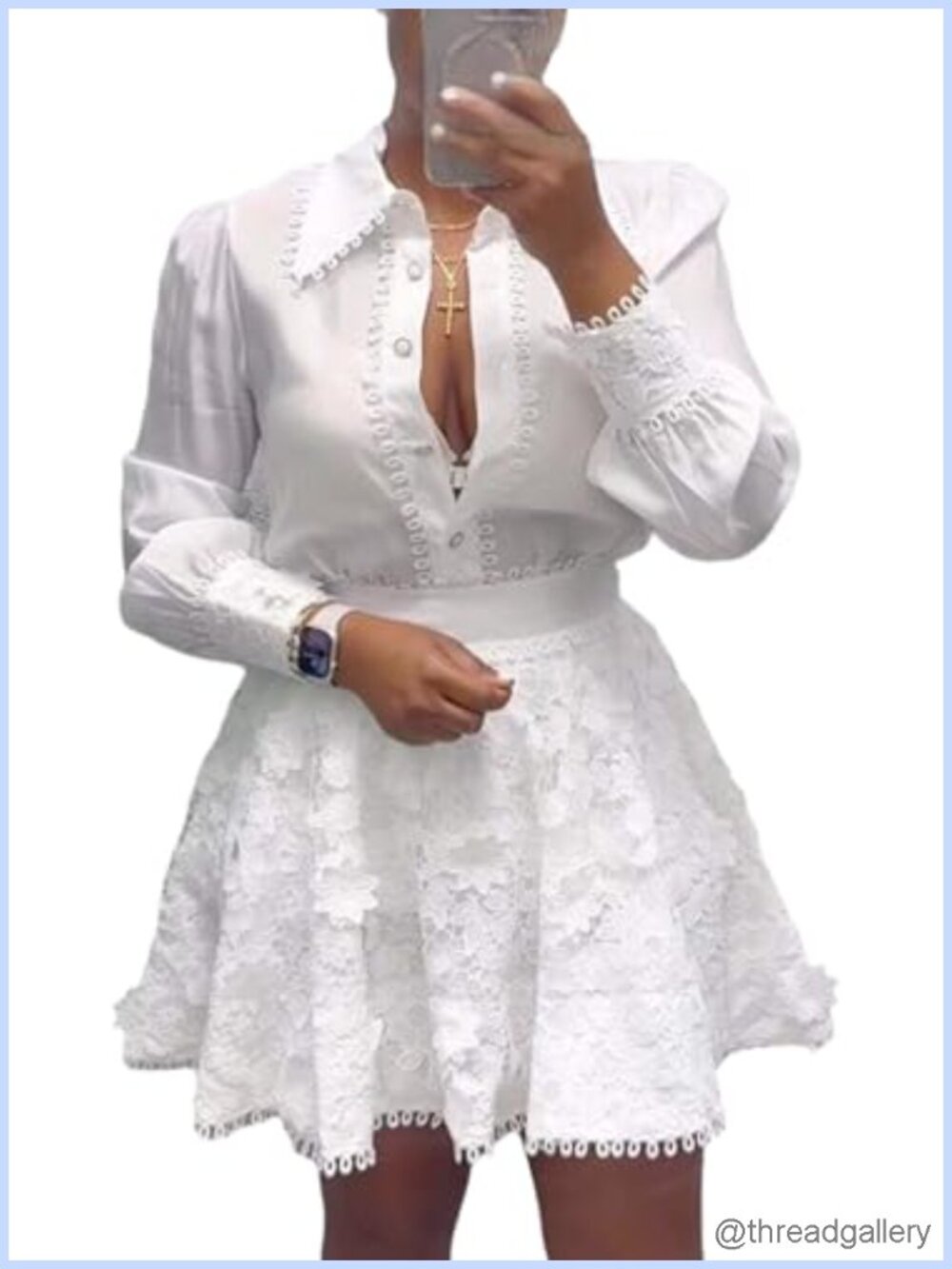 Lace Blouse Floral Mini Skirt 2 Piece Set Long Sleeve Women